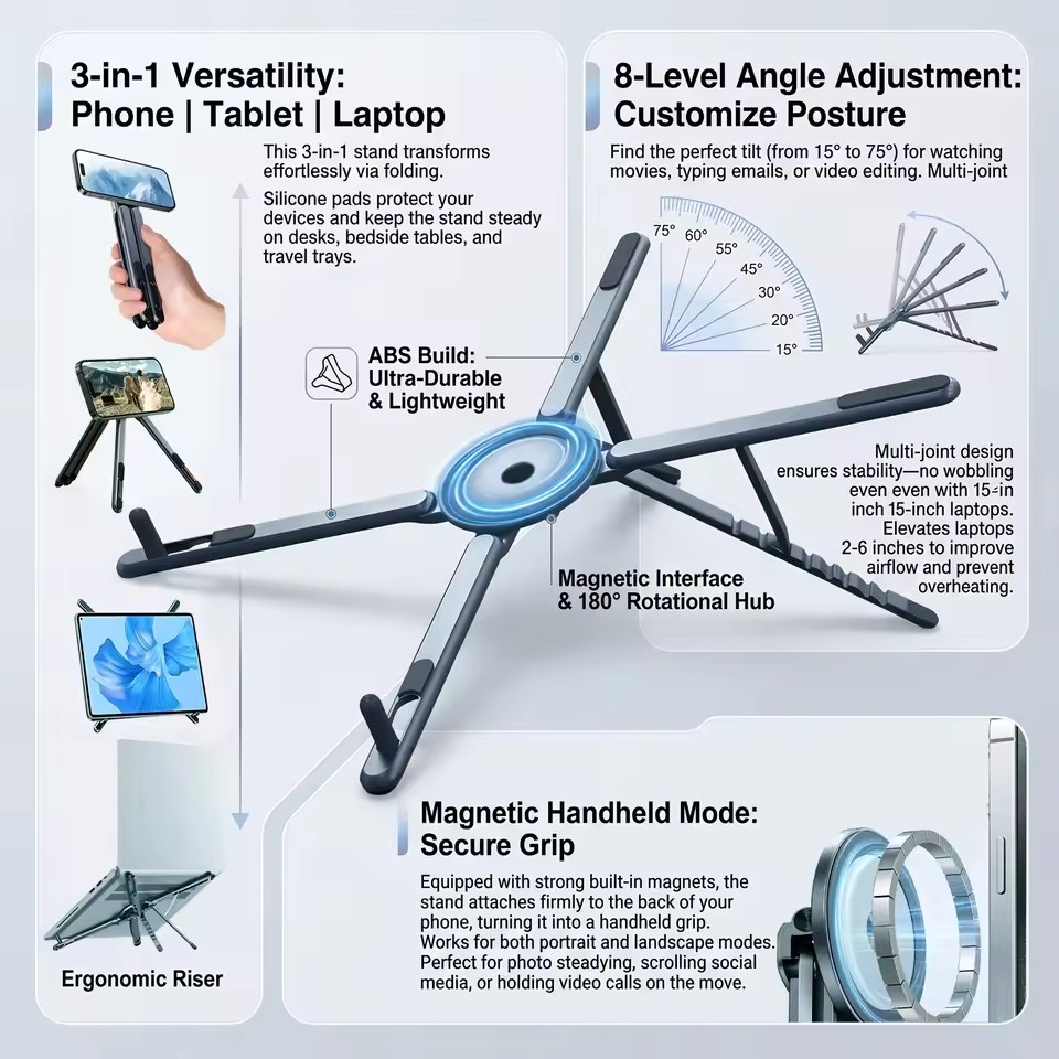 Laptop Tablet Accessories - ที่วางโทรศัพท์แม่เหล็กแบบพกพาและไม้เซลฟี่ 3-in-1 ขาตั้งกล้องพับได้สำหรับ iPhone, iPad, แท็บเล็ต,