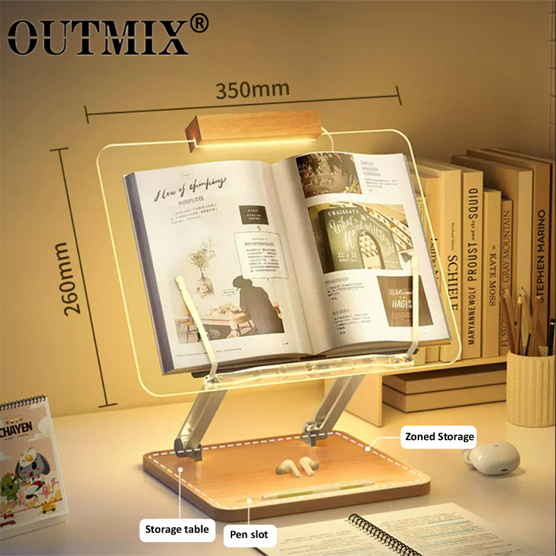 Laptop Tablet Accessories - แท่นอ่านหนังสือไม้พร้อมไฟอะคริลิคใส ที่วางแท็บเล็ตแบบยกได้อเนกประสงค์ ที่วางแล็ปท็อป ชั้นวางหนังสือแบบตั้งโต๊ะ
