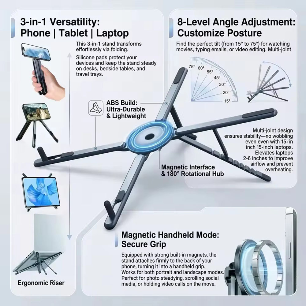 Laptop Tablet Accessories - ที่วางโทรศัพท์แม่เหล็กแบบพกพาและไม้เซลฟี่ 3-in-1 ขาตั้งกล้องพับได้สำหรับใช้งานกับ iPhone, iPad, แท็บเล็ต,